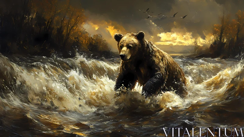 Bear in River during Sunset AI Image