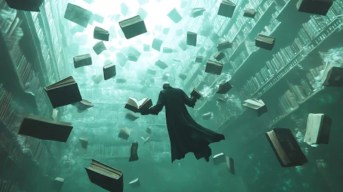 Floating Books and Figure in Library