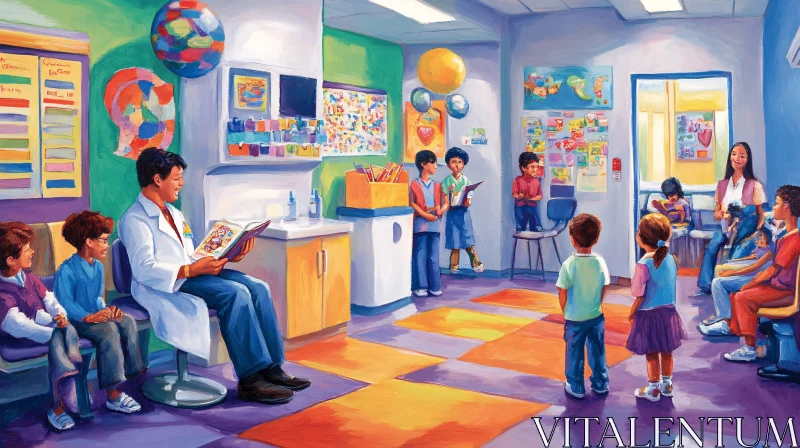 AI ART Colorful Waiting Room with Doctor and Children