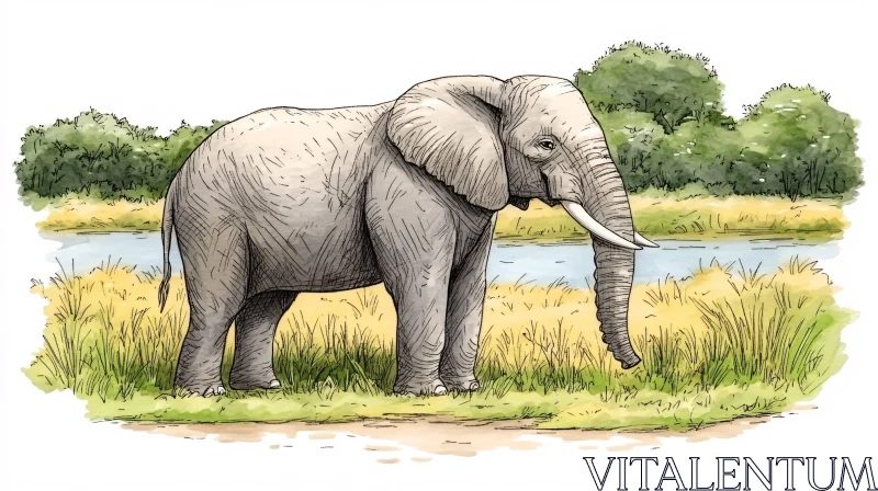 AI ART Wildlife Art: Elephant near River