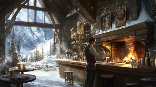 Winter Bar Scene by the Fireplace