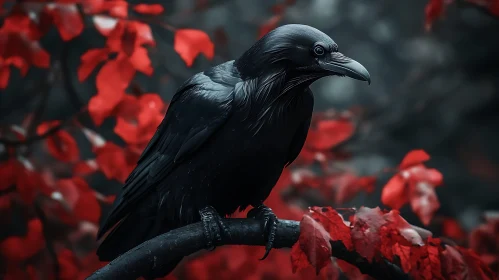 Black Raven on Branch with Red Leaves