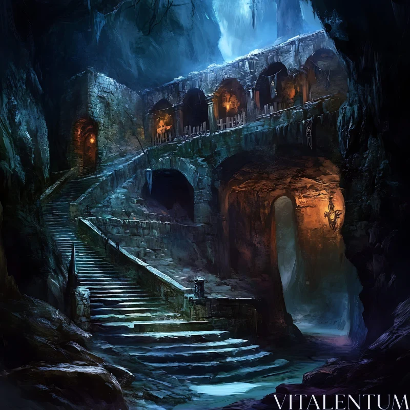 Stone Staircase in a Dark Cave AI Image