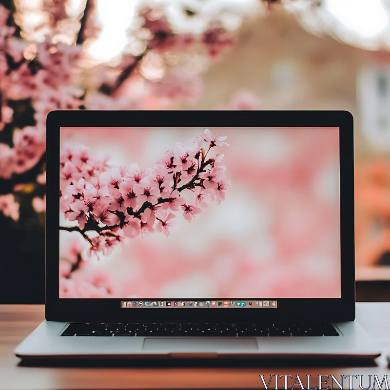 Tech and Nature: Cherry Blossom on Display AI Image