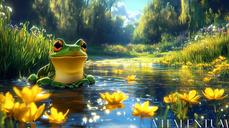 Tranquil Frog Amidst Blossoms AI Image