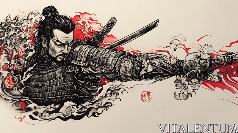 Ink Samurai Warrior with Red Hues AI Image