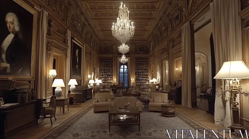 AI ART Opulent Library Room with Elegant Interior Design and Lighting