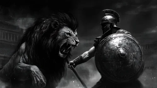 Monochrome Gladiator and Lion Confrontation