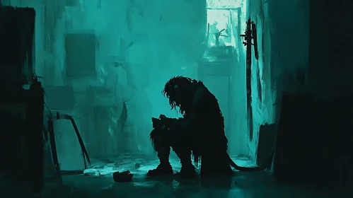 Man in Shadowed Teal Room