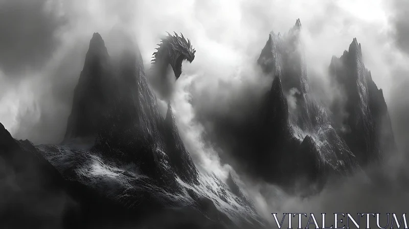 Monochrome Dragon in Mountain Fog AI Image