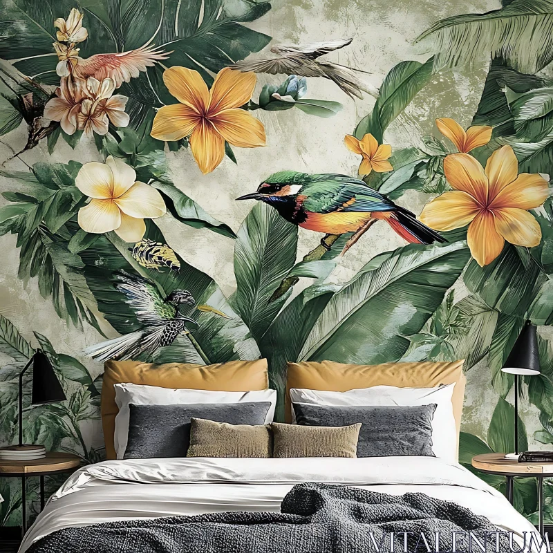 Tropical Bedroom Mural with Birds and Flowers AI Image