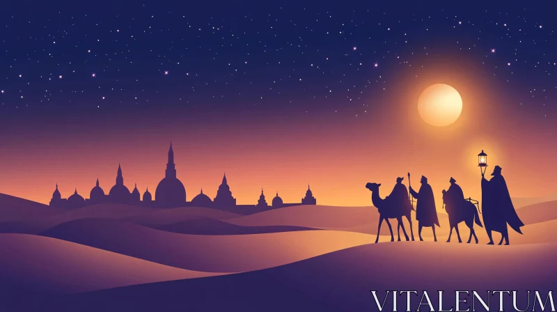 Desert Caravan Silhouette at Night AI Image