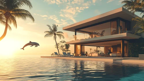 Modern Beachfront Villa with Dolphin at Sunset