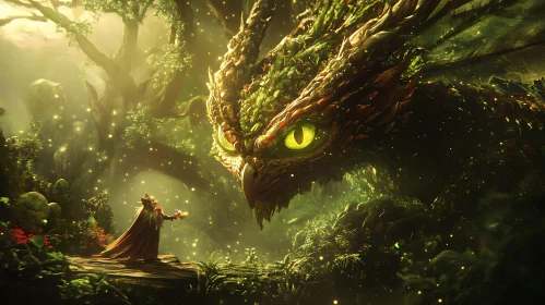 Mystical Dragon and Wizard in Forest