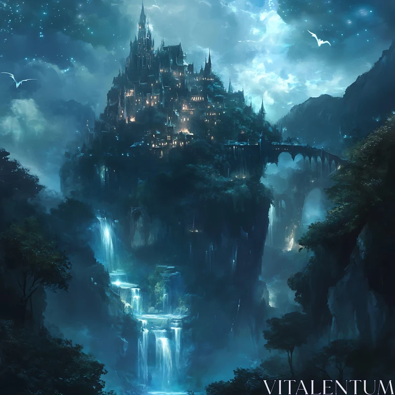 AI ART Fantasy Castle on the Cliff Above Waterfalls