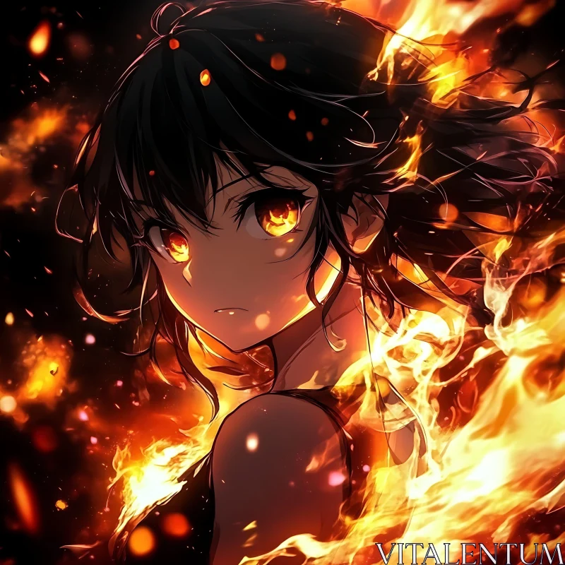 Blazing Anime Girl with Fiery Background AI Image