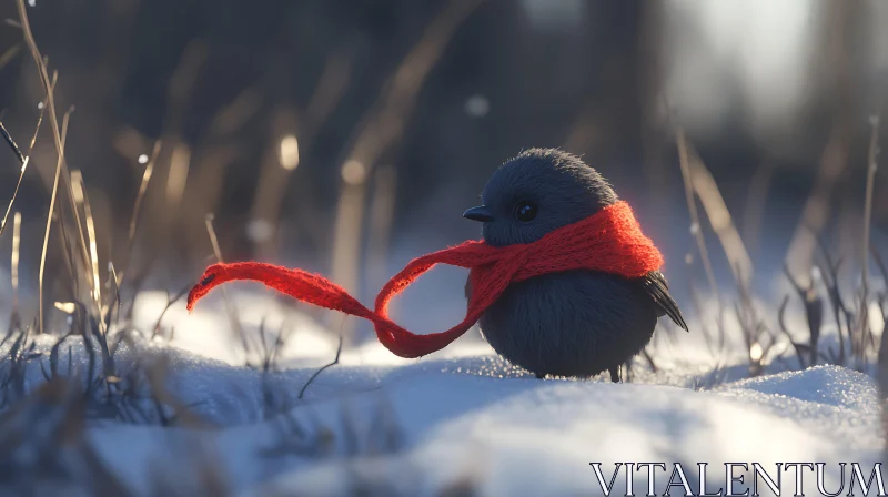 Bird with Red Scarf in Winter AI Image