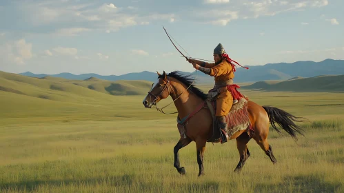 Equestrian Archer in Grassy Expanse