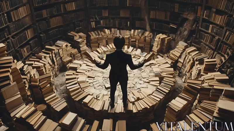 Man in Library Surrounded by Books AI Image