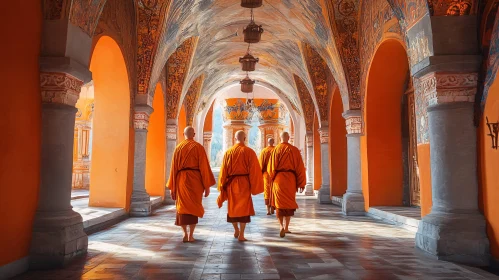 Monks Walking in Temple Hallway