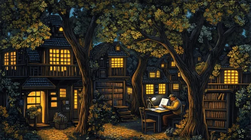 Whimsical Nighttime Treehouse Study