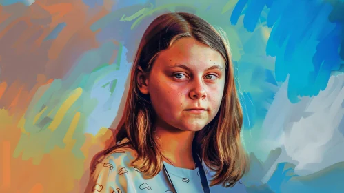 Portrait of Greta Thunberg with Vibrant Abstract Background