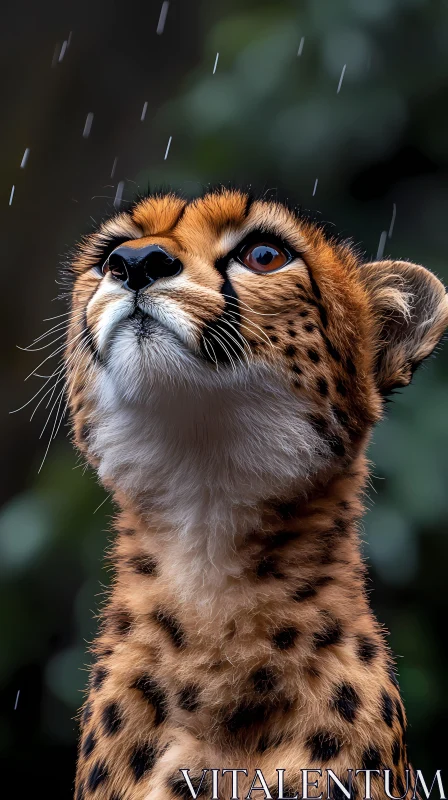 Cheetah Face in Rain-Covered Scene AI Image