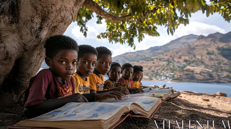 Kids Reading Books Under Tree AI Image