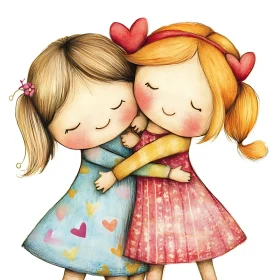 Girls Hugging with Hearts Illustration