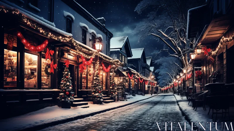 Charming Winter Night Street View with Christmas Lights in Toronto AI Image