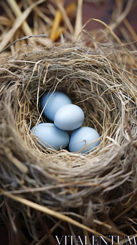 Close-Up of Bird Nest with Blue Eggs, National Geographic Style AI Image