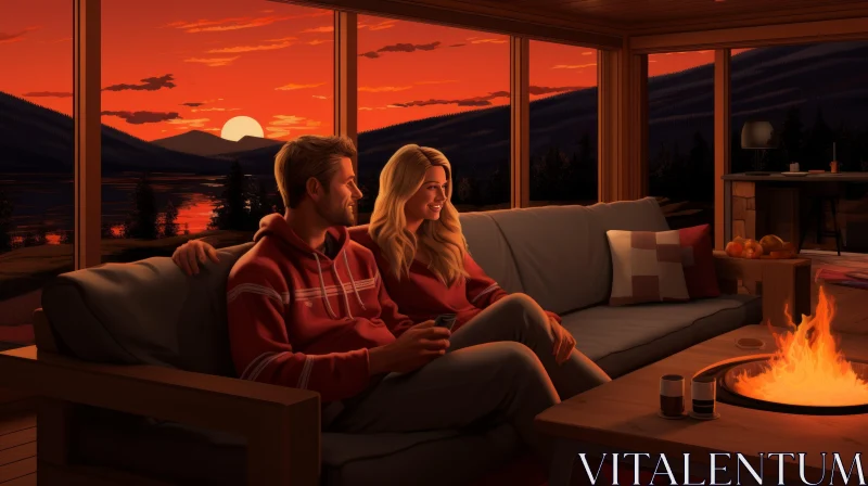 Couple Watching Sunset in Cozy Cabin - 2D Game Art AI Image