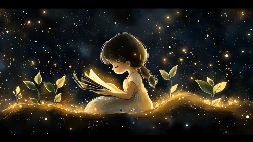 Girl Reading Under Starry Night