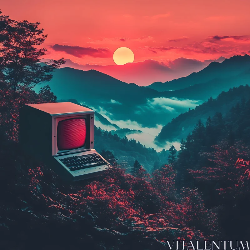 Sunset Over Mountains with Vintage Computer AI Image