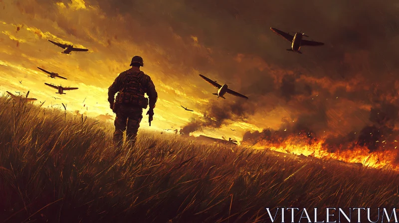 Fiery Battlefield Scene with Lone Warrior AI Image