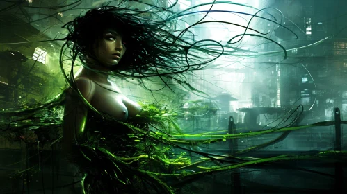 Powerful Woman in a Dark Futuristic City