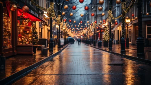 Rainy Christmas Street Adorned with Lights in Red and Gold