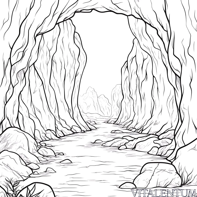 Black and White Cave River Scene AI Image