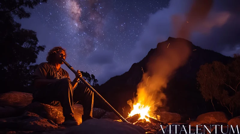 Man Plays Didgeridoo at Night Campfire AI Image