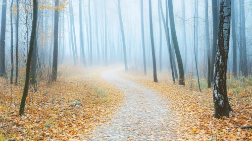 Enchanted Autumn Walkway Through Misty Woods