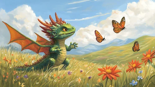 Whimsical Dragon with Butterflies Art