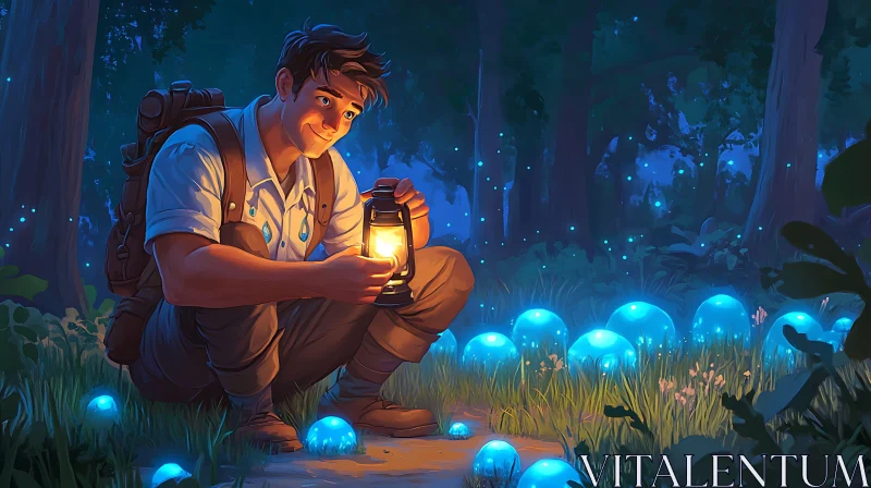 AI ART Man with lantern in glowing mushroom forest