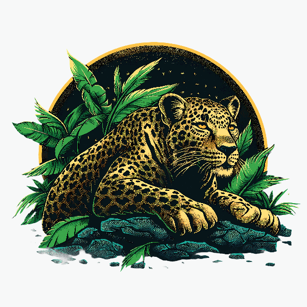 POD Design Majestic Leopard T-Shirt Design with Jungle Foliage