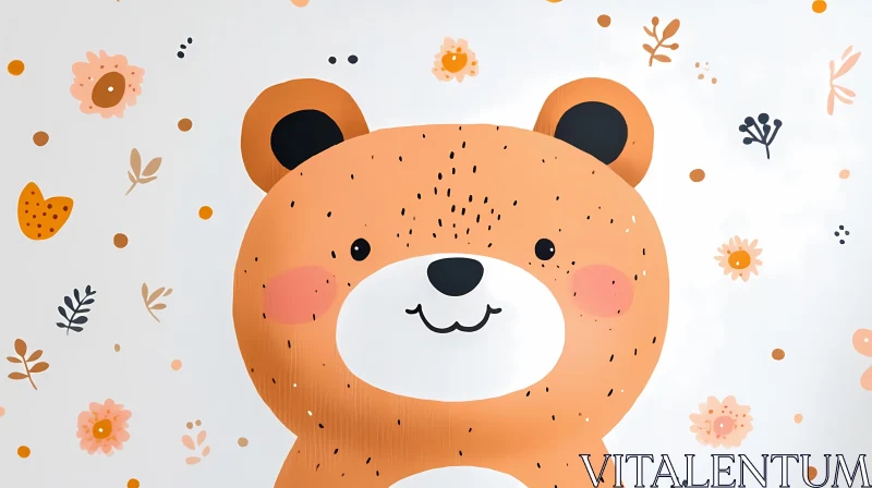 Cute Cartoon Bear Amidst Playful Flowers AI Image