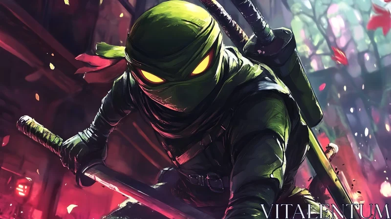 Green Ninja with Katanas Ready for Battle AI Image