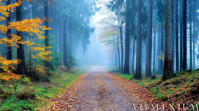 Serenity in a Misty Autumn Forest AI Image