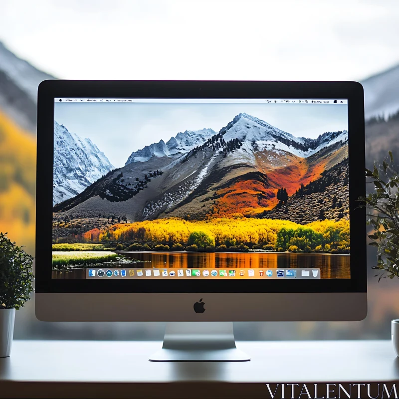 Apple iMac Display with Mountain and Lake Scenery AI Image