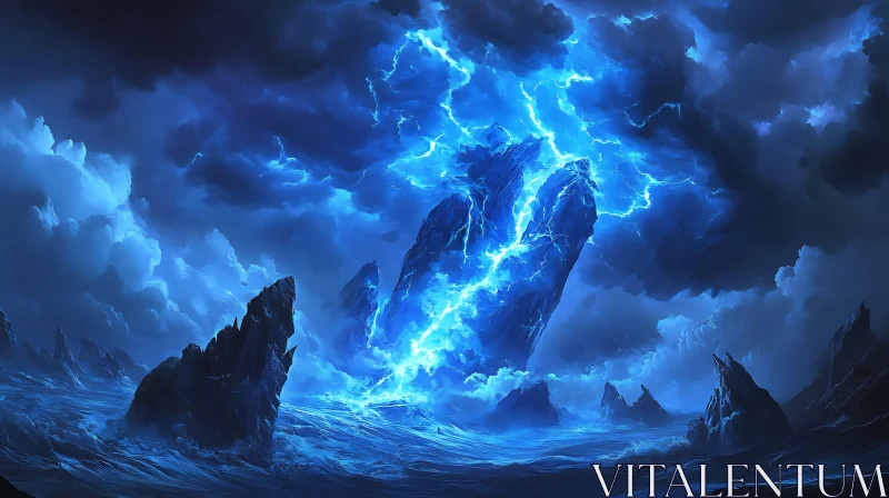 AI ART Blue Lightning Sea Rocks