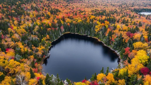 Autumn Forest Aerial with Vibrant Colors and Lake