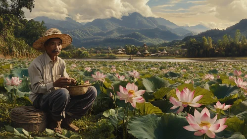 Man in Lotus Field, Asian Rural Life